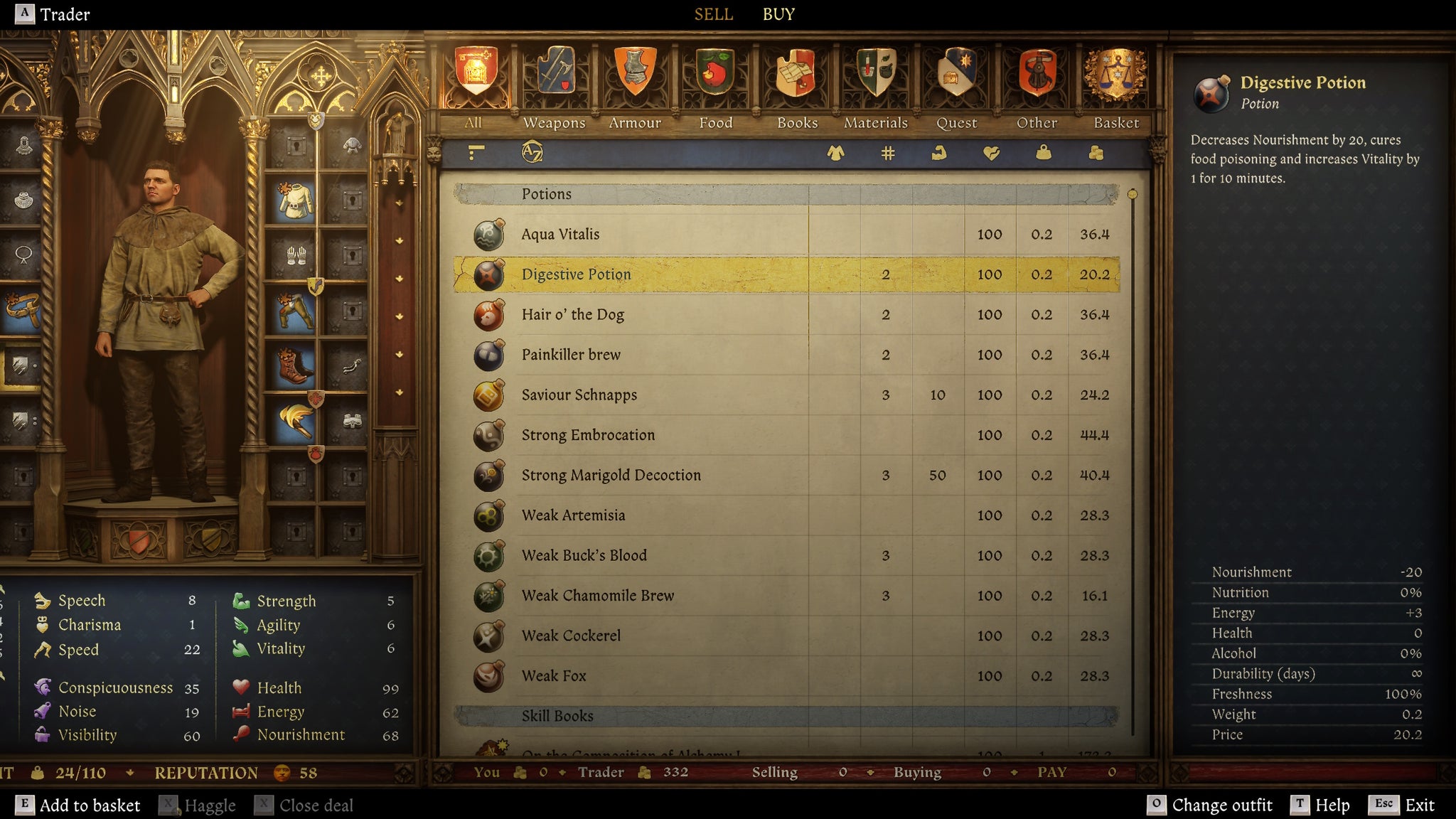 A shop menu in Kingdom Come Deliverance 2 showing digestive potions for sale - 3