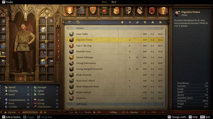 A shop menu in Kingdom Come Deliverance 2 showing digestive potions for sale