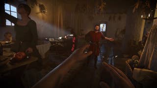 Henry in Kingdom Come Deliverance 2, falling backward while people look on in astonishment