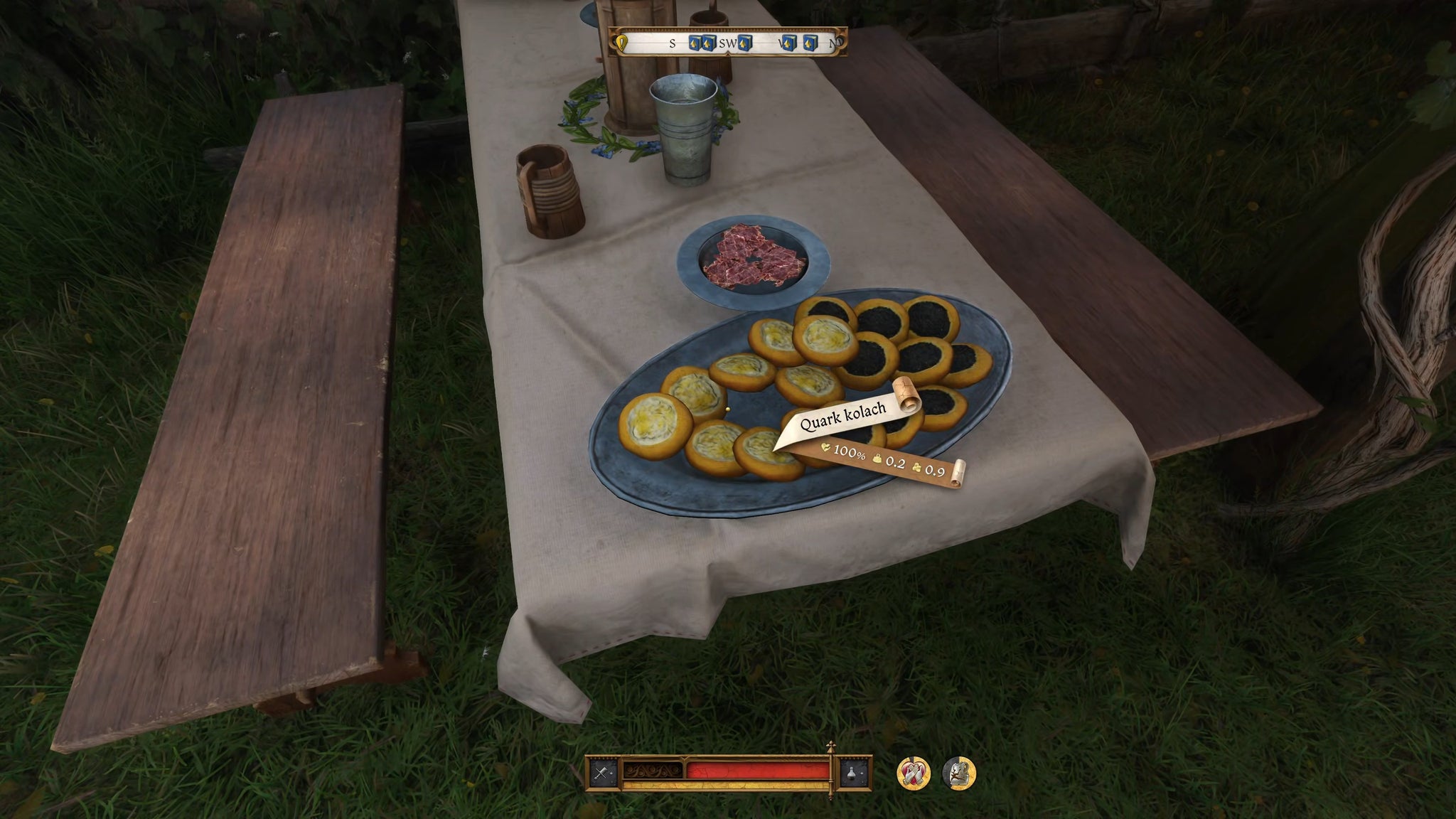 The player in Kingdom Come: Deliverance 2 looks towards a serving platter of food. - 5