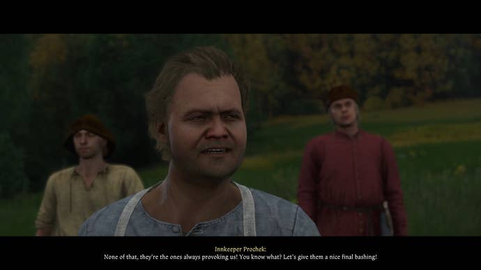A close-up of Innkeeper Prochek threatening a group of Zhelejovites in a Kingdom Come: Deliverance 2 cutscene.
