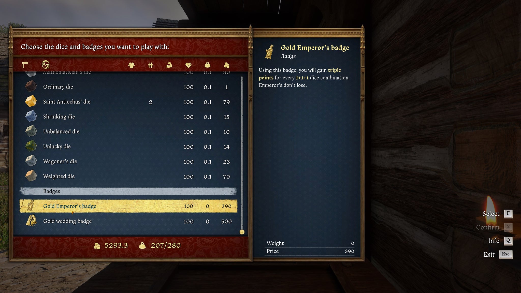The player in Kingdom Come: Deliverance 2 selects a golden badge to use before a game of Dice. - 8