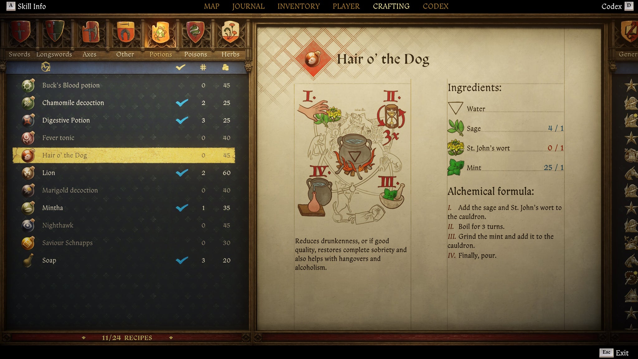 A screen in the Crafting menu of Kingdom Come: Deliverance 2 showing the recipe for the Hair O The Dog potion. - 5