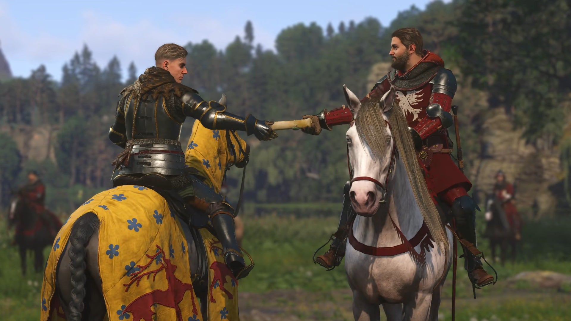 Hans and Sir Thomas, two characters in Kingdom Come: Deliverance 2, exchange a rolled up letter while on horseback. - 1