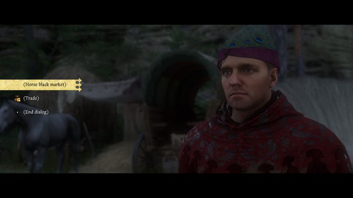 Henry, el protagonista del reino: Deliverance 2, habla con el manejador de caballos Mikolai sobre el mercado de los caballos.
