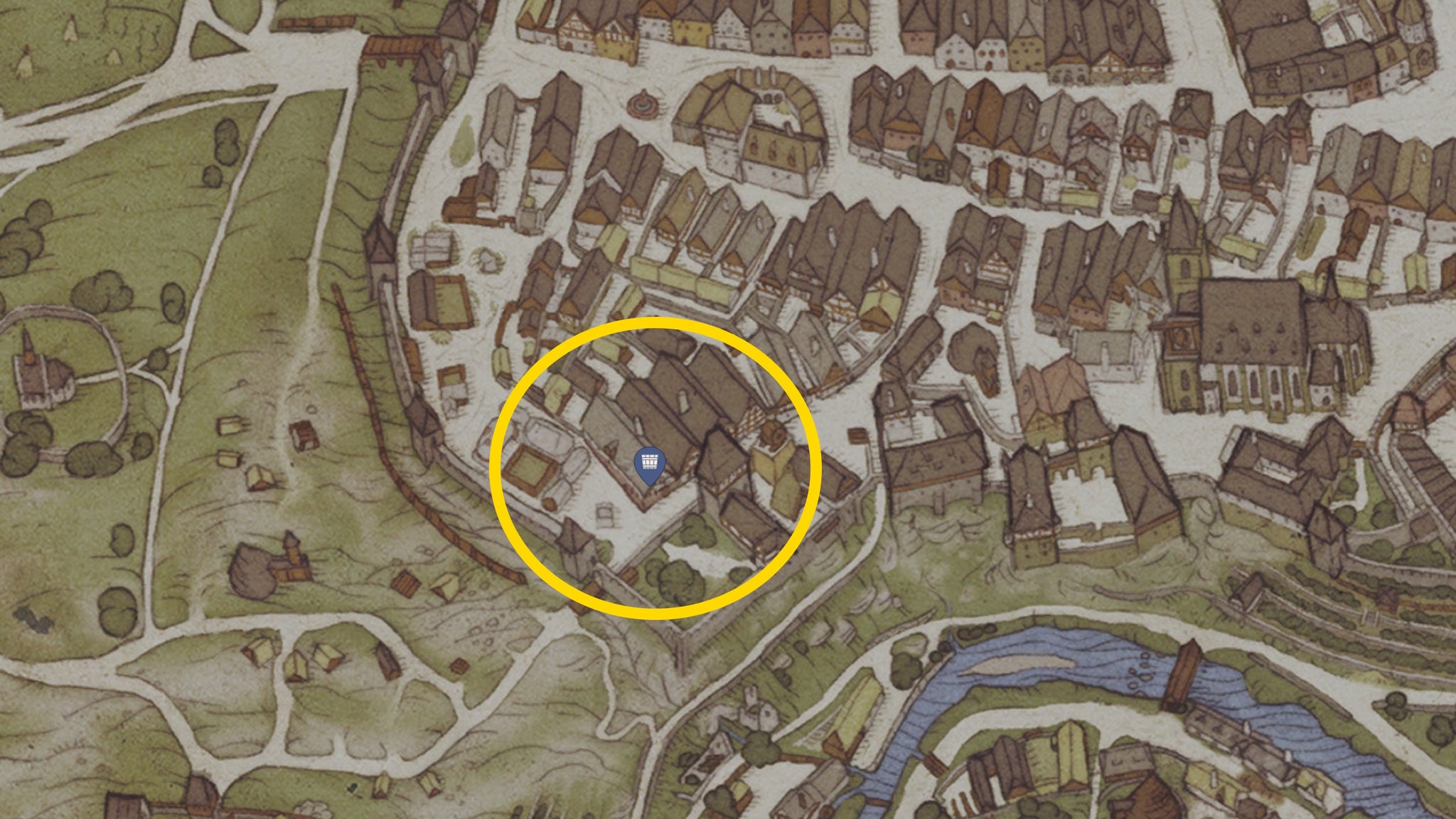 A map image showing where to find the Kuttenberg Black Horse Tavern in Kingdom Come Deliverance 2's Into the Underworld quest - 6