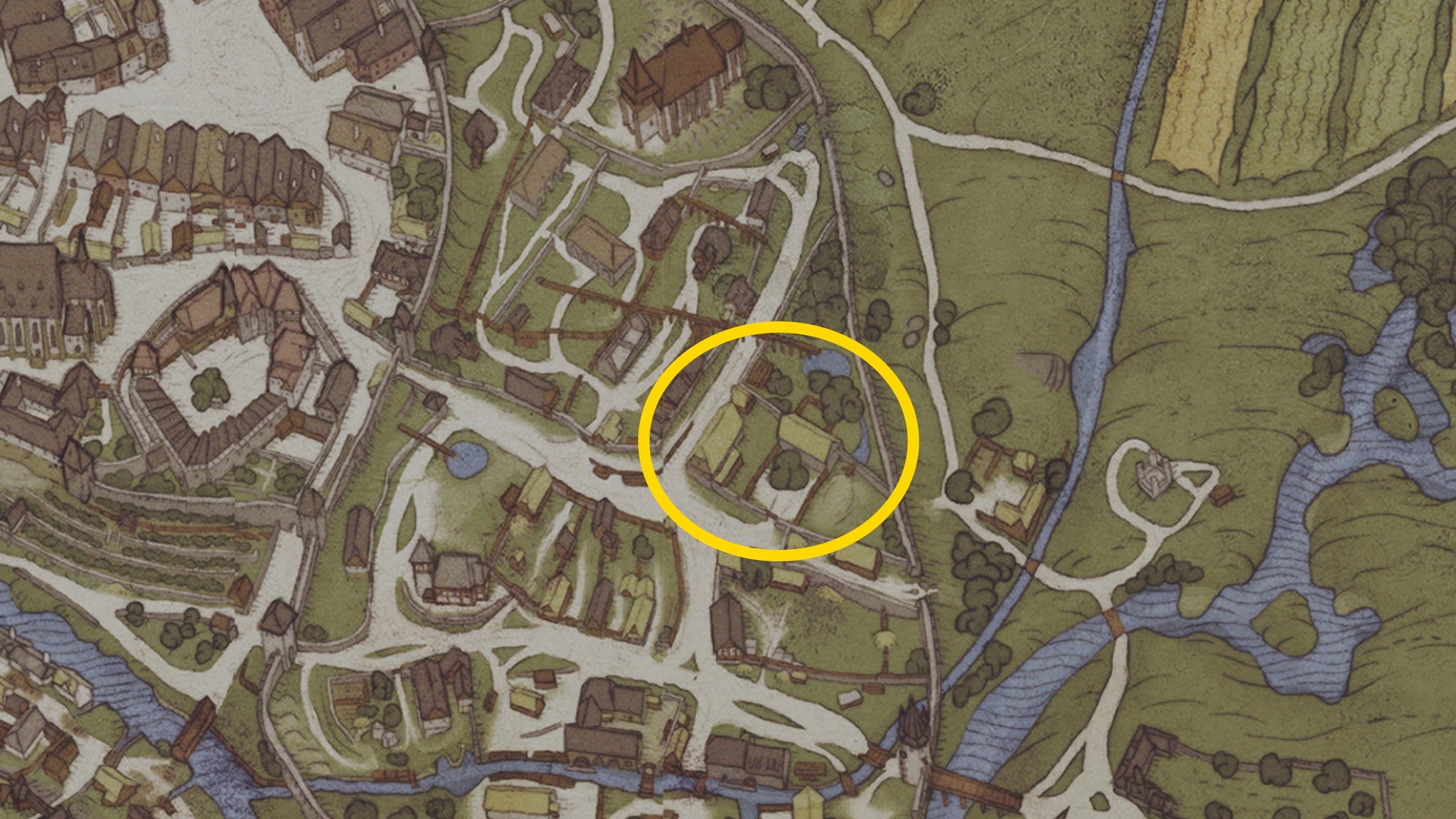 A map image showing where to find the Hole in the Wall Tavern in Kingdom Come Deliverance 2's Into the Underworld quest - 4