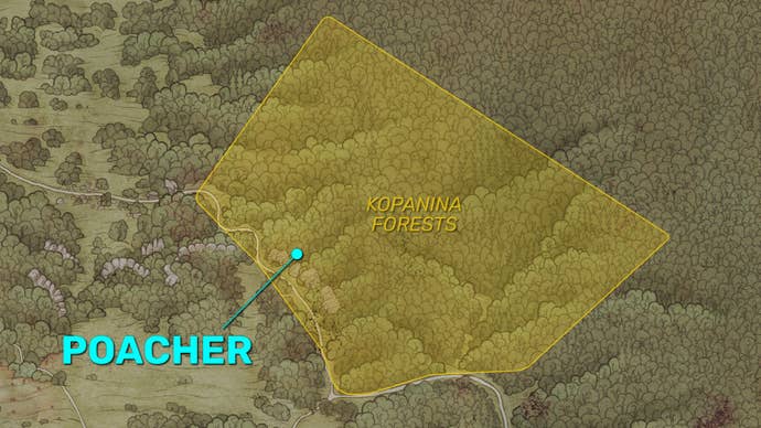 Part of a forested area of the Trosky map in Kingdom Come: Deliverance 2, with the Kopanina Forests and the exact location of the poacher marked in yellow and cyan respectively.