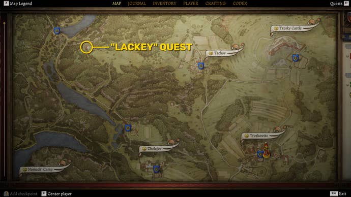 Part of the map of Trosky in Kingdom Come: Deliverance 2, with the location of the Lackey quest starting point marked in yellow.
