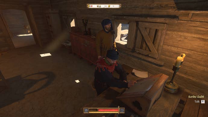Gaidl the scribe in Kingdom Come Deliverance 2, seated at a wooden desk and performing scribe-like tasks
