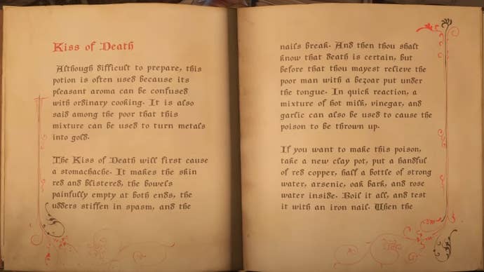 Musa’s poison almanac opened to Kiss of Death in Kingdom Come Deliverance 2’s The Lion’s Den quest
