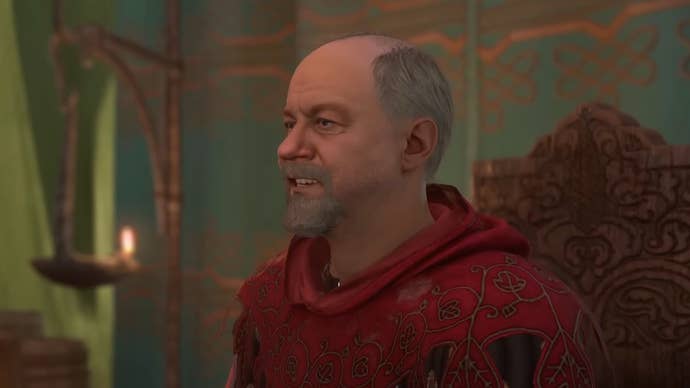 Katz with a goofy smile on his face in Kingdom Come Deliverance 2’s The Lion’s Den quest
