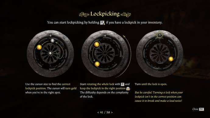 The lockpicking tutorial screen in Kingdom Come: Deliverance 2.