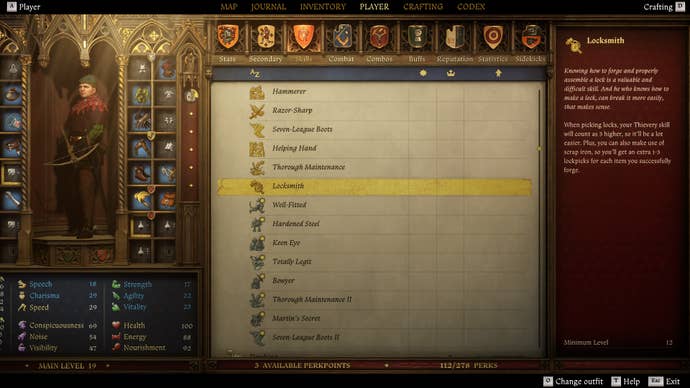 The player screen in Kingdom Come: Deliverance 2 with the Locksmith perk highlighted.