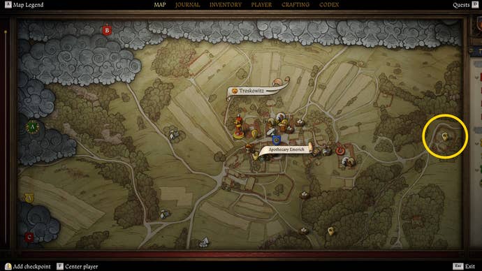 A map image showing where to find the map left by the deceased in Kingdom Come Deliverance 2