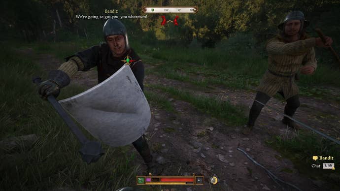 The player in Kingdom Come: Deliverance 2 faces off against two bandits, the nearest one wielding a mace and shield.
