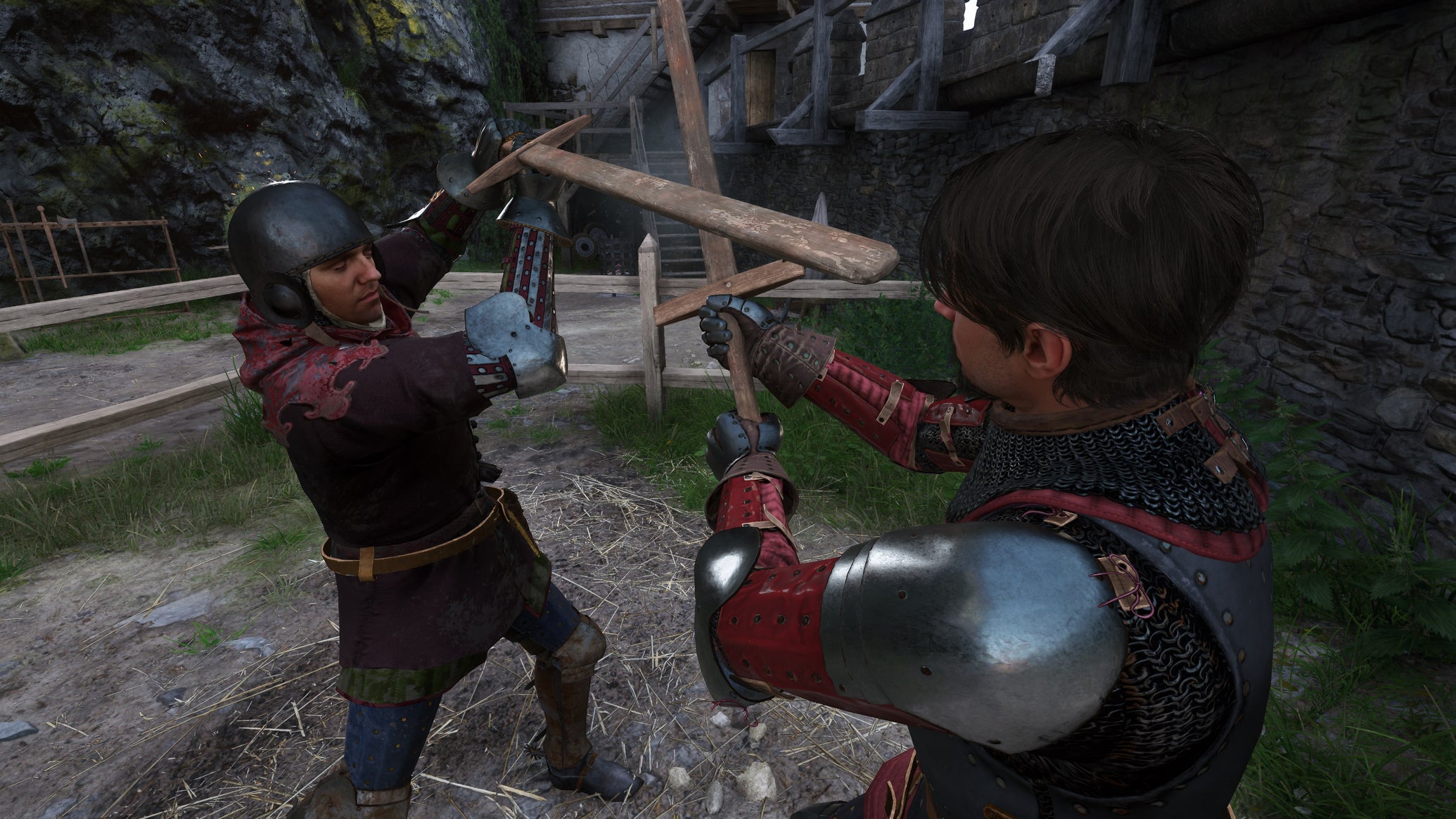 Henry uses the Master Strike against Black Bartosh in a practice duel with wooden swords in Kingdom Come: Deliverance 2. - 1