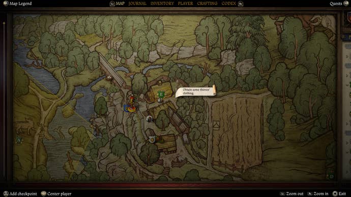 Map screen showing the location of Miller Kreyzl's missing clothes during the Prima Quest material at Kingdom Come Deliverance 2.