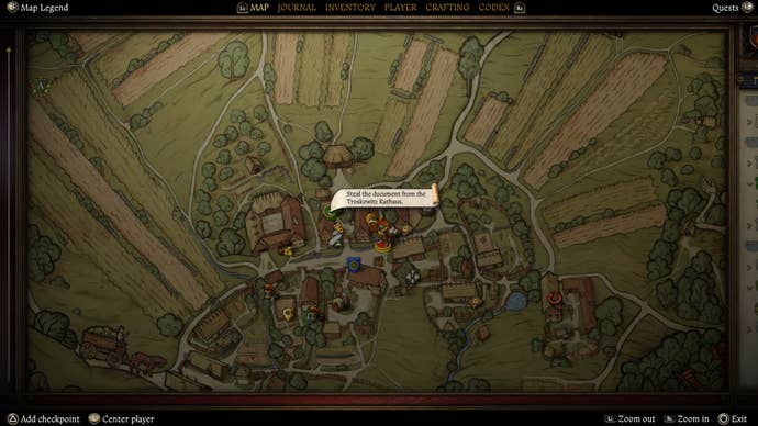 Map screen showing the location of the missing Miller Kreyzl document during the Prima Quest material at Kingdom Come Deliverance 2.
