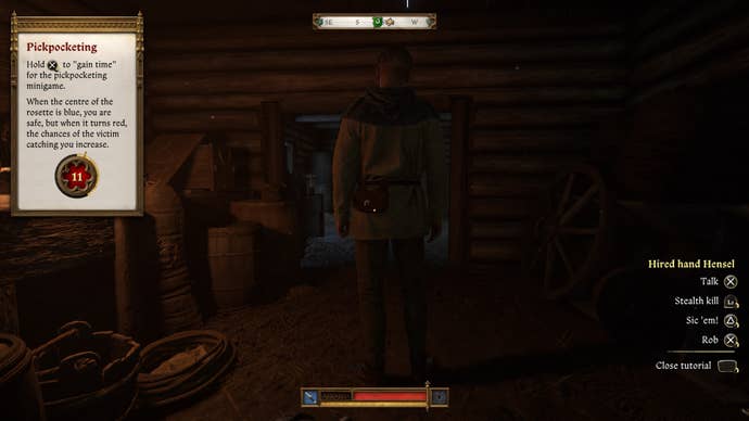 Henry sneaking up on a farmhand to pickpocket him in Kingdom Come Deliverance 2.