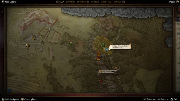 A map screen showing the location of the Voivode’s letter of safe conduct in the Miri Fajta quest in Kingdom Come Deliverance 2.