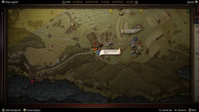 A map screen showing the location of Tibor’s cell during the Miri Fajta quest in Kingdom Come Deliverance 2.