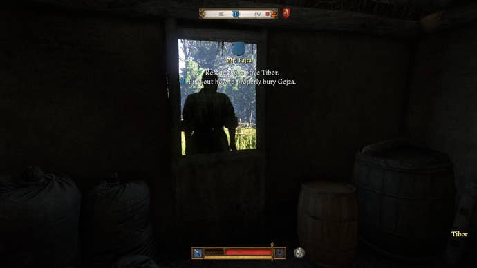 Tibor climbing out of a window to escape in the Miri Fajta quest in Kingdom Come Deliverance 2.