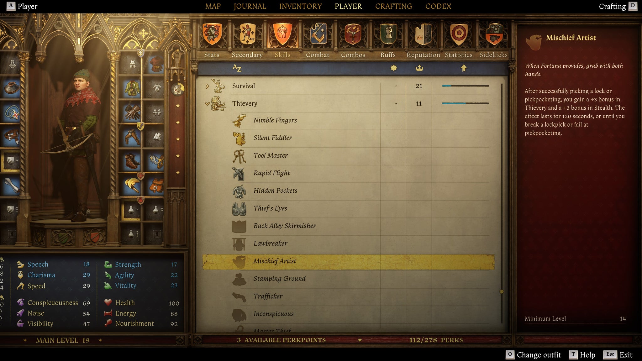 The player screen in Kingdom Come: Deliverance 2 with the Mischief Artist perk highlighted. - 4