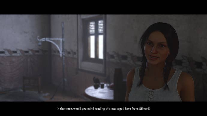 Henry speaking to a housemaid about the location of the book in the Opus Magnum quest in Kingdom Come Deliverance 2.