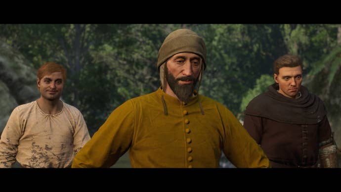 Henry standing next to the Miller, Kreyzl, and one of his farmhands during the Opus Magnum quest in Kingdom Come Deliverance 2.