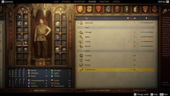 A menu image in Kingdom Come Deliverance 2 showing Henry’s nurishment status