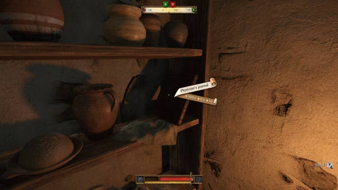 The player in Kingdom Come: Deliverance 2 prepares to steal a Physician’s Journal from a shelf in a tower of Trosky Castle.