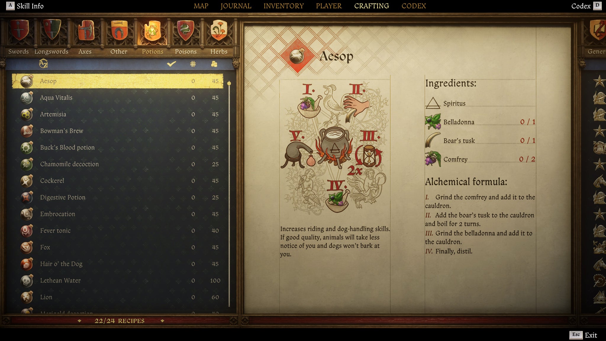 The crafting screen in Kingdom Come: Deliverance 2, with instructions and an illustration of the Aesop Potion recipe. - 5