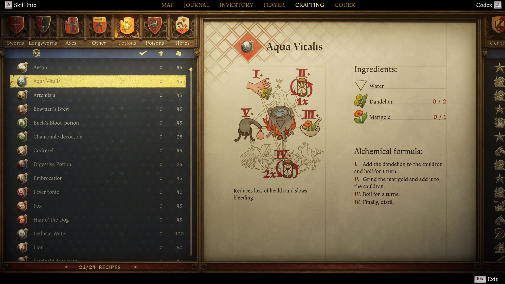 The crafting screen in Kingdom Come: Deliverance 2, with instructions and an illustration of the Aqua Vitalis Potion recipe. - 6