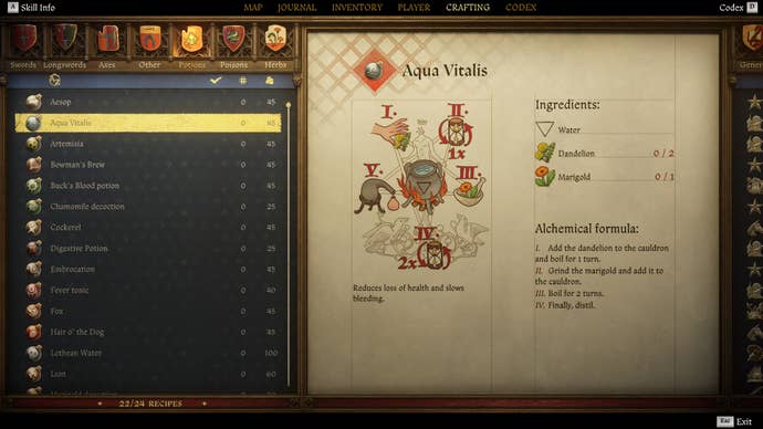 The crafting screen in Kingdom Come: Deliverance 2, with instructions and an illustration of the Aqua Vitalis Potion recipe.