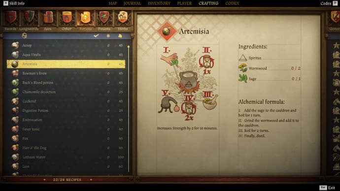 The crafting screen in Kingdom Come: Deliverance 2, with instructions and an illustration of the Artemisia Potion recipe.
