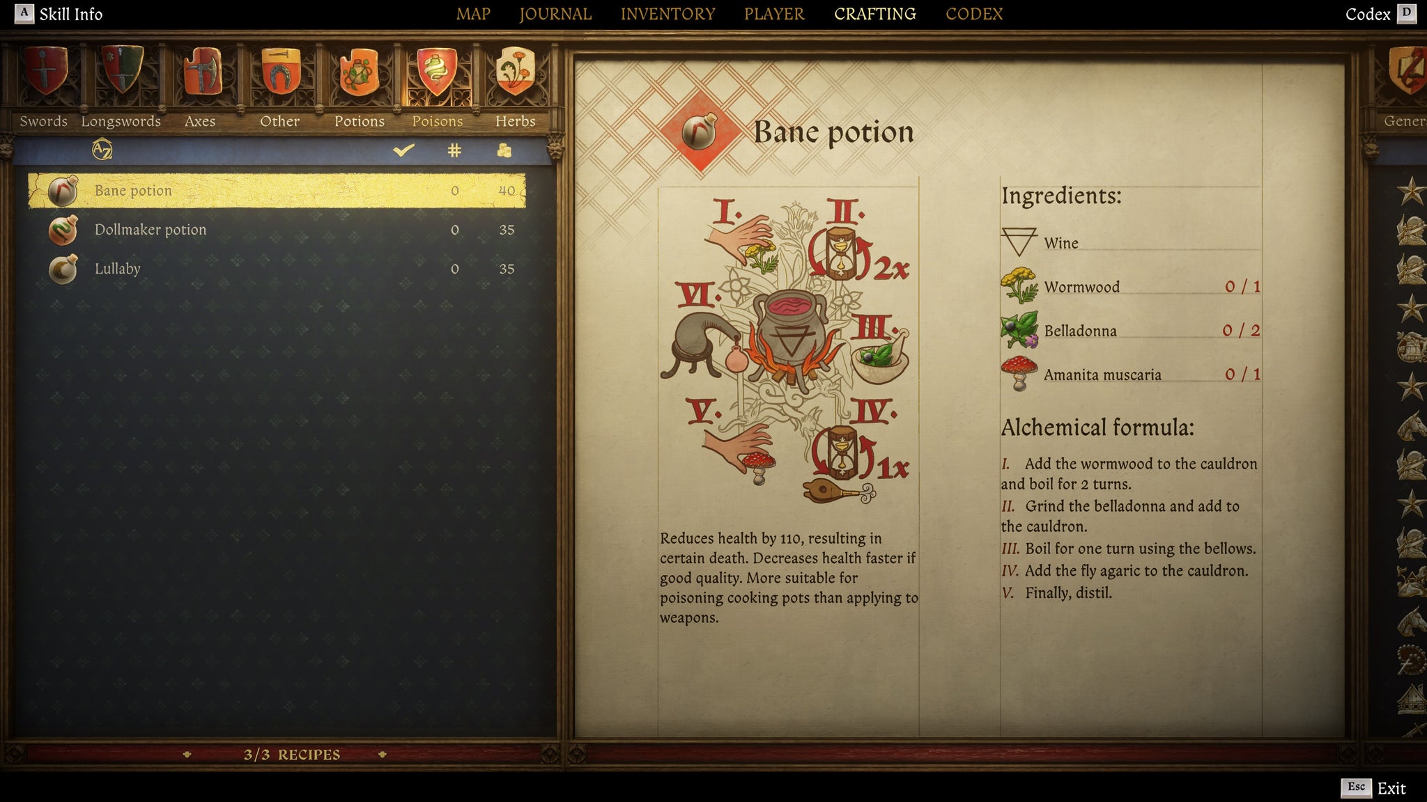 The crafting screen in Kingdom Come: Deliverance 2, with instructions and an illustration of the Bane Poison recipe. - 8