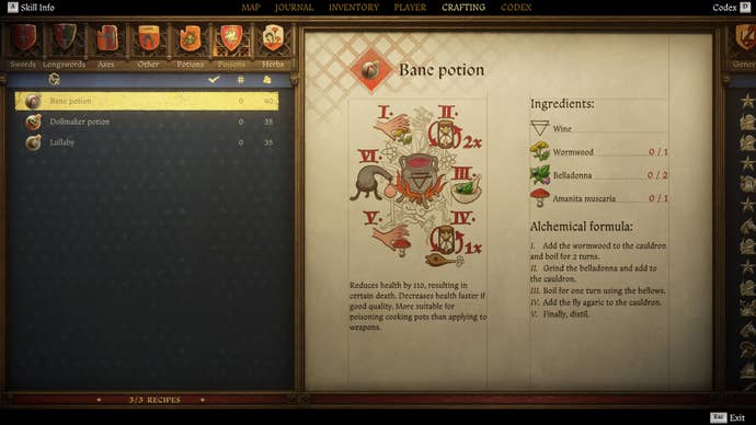 The crafting screen in Kingdom Come: Deliverance 2, with instructions and an illustration of the Bane Poison recipe.