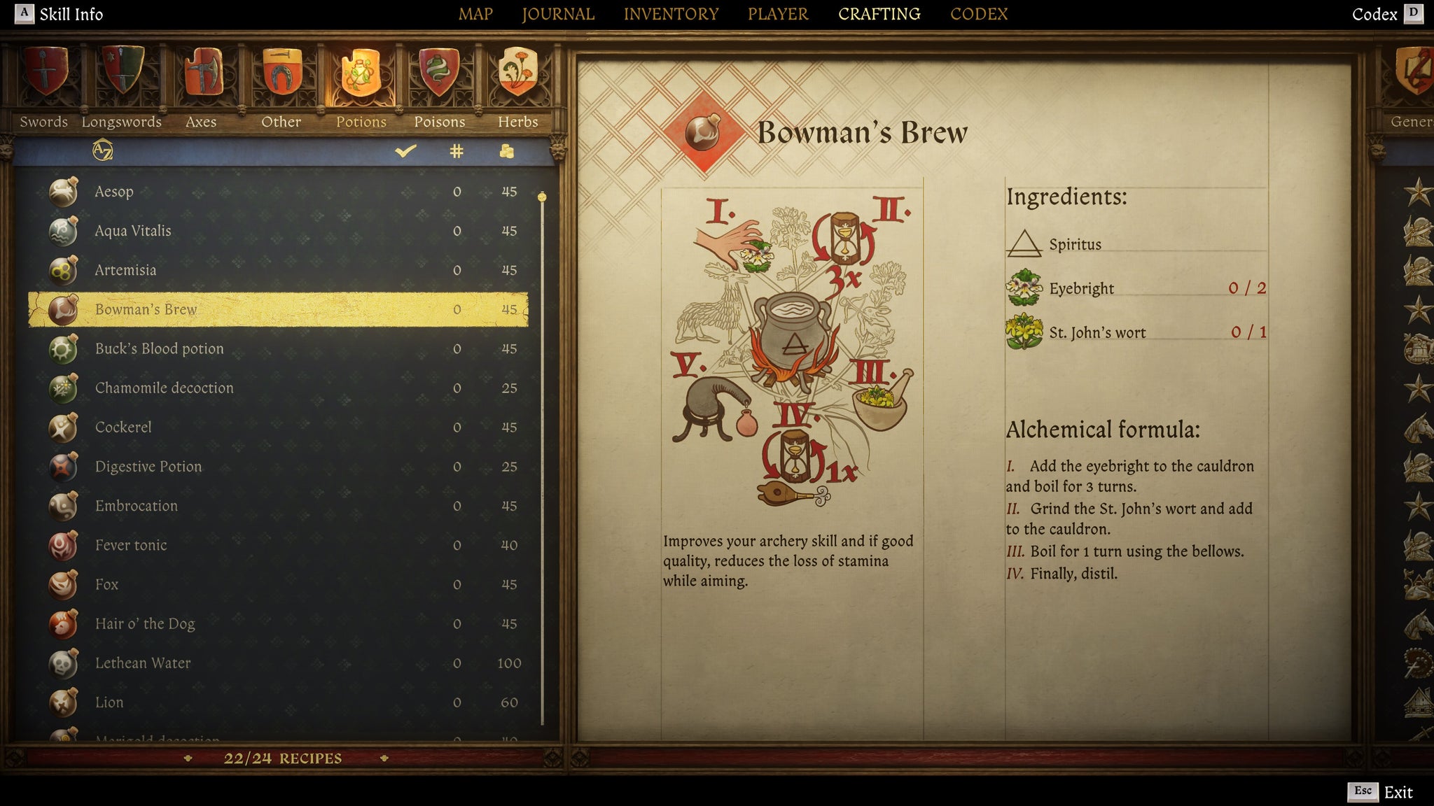 The crafting screen in Kingdom Come: Deliverance 2, with instructions and an illustration of the Bowman's Brew Potion recipe. - 9