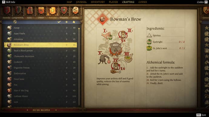 The crafting screen in Kingdom Come: Deliverance 2, with instructions and an illustration of the Bowman’s Brew Potion recipe.