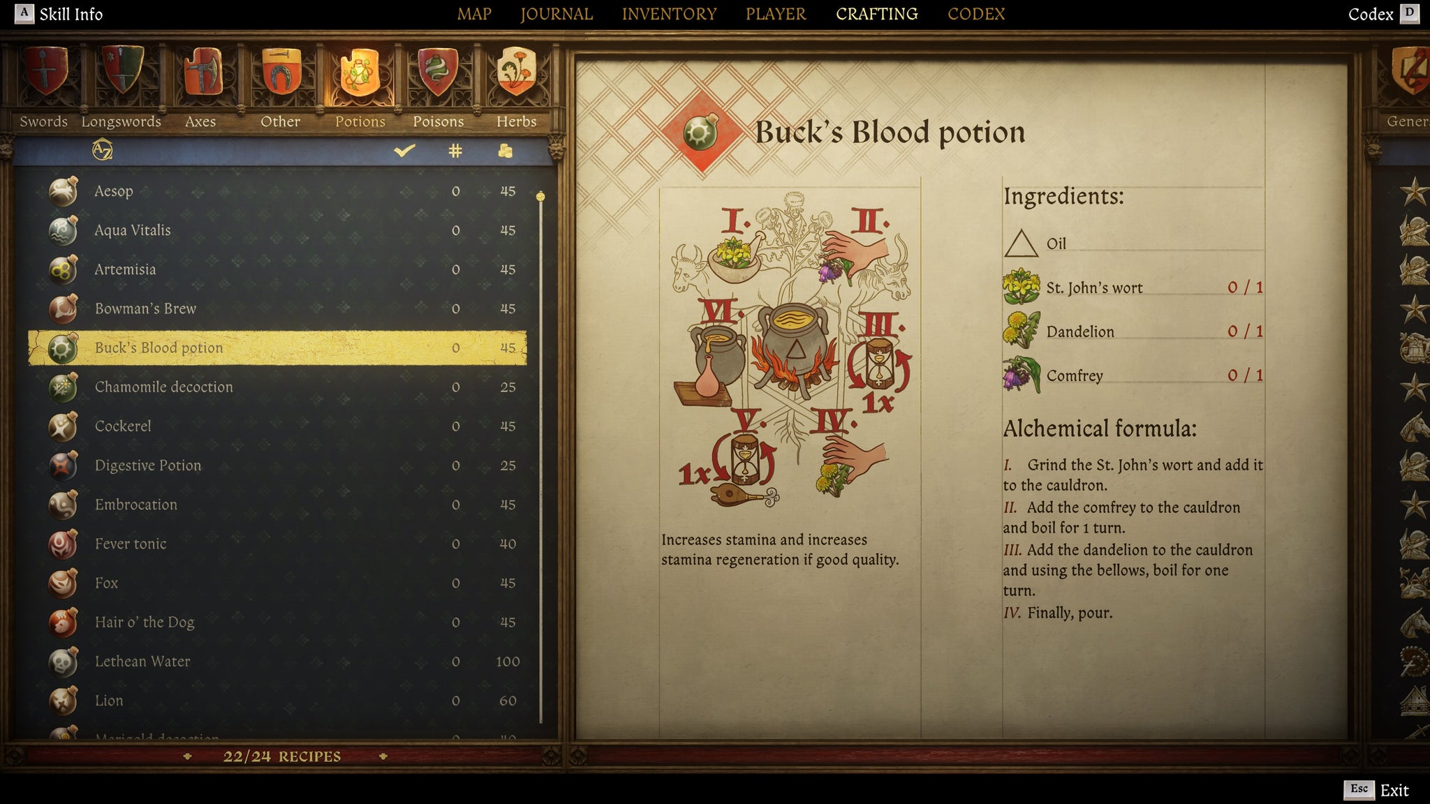 The crafting screen in Kingdom Come: Deliverance 2, with instructions and an illustration of the Buck's Blood Potion recipe. - 10