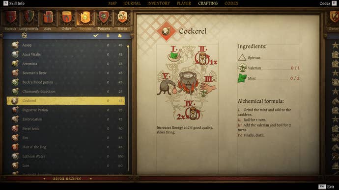 The crafting screen in Kingdom Come: Deliverance 2, with instructions and an illustration of the Cockerel Potion recipe.