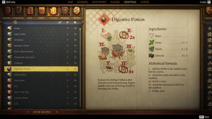 The crafting screen in Kingdom Come: Deliverance 2, with instructions and an illustration of the Digestive Potion recipe.