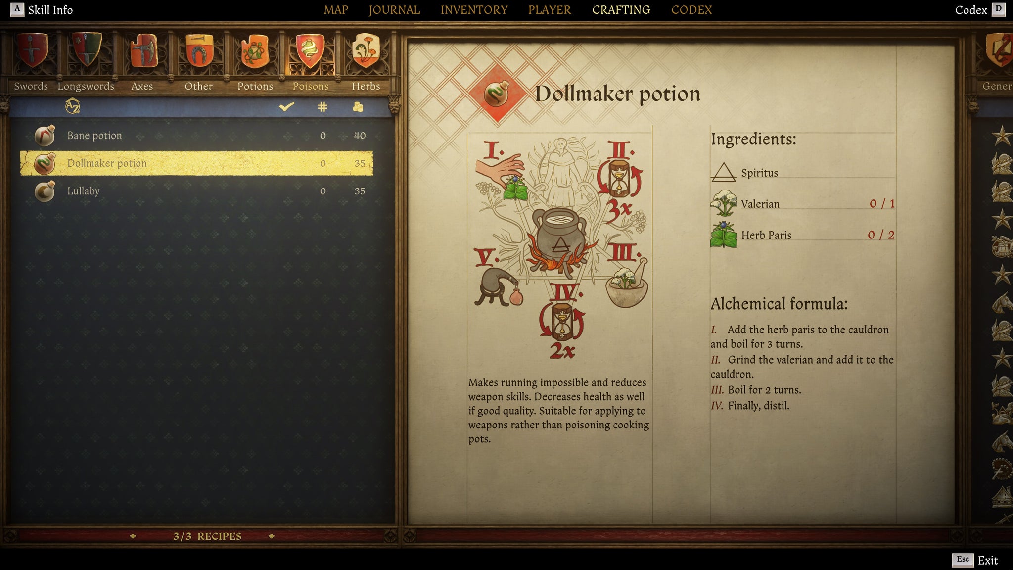 The crafting screen in Kingdom Come: Deliverance 2, with instructions and an illustration of the Dollmaker Poison recipe. - 14