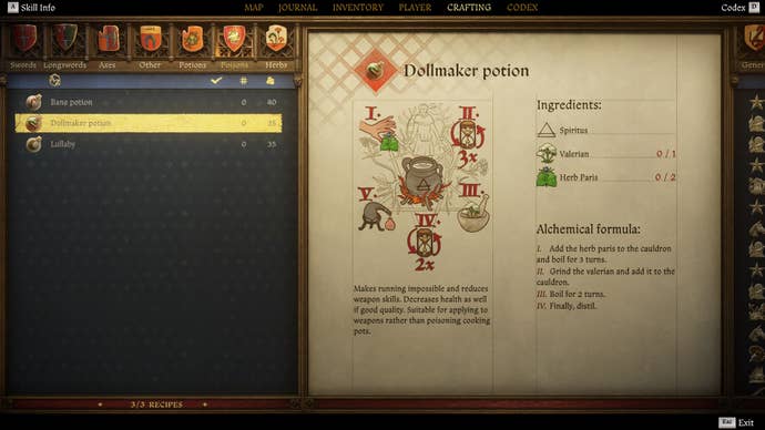 The crafting screen in Kingdom Come: Deliverance 2, with instructions and an illustration of the Dollmaker Poison recipe.