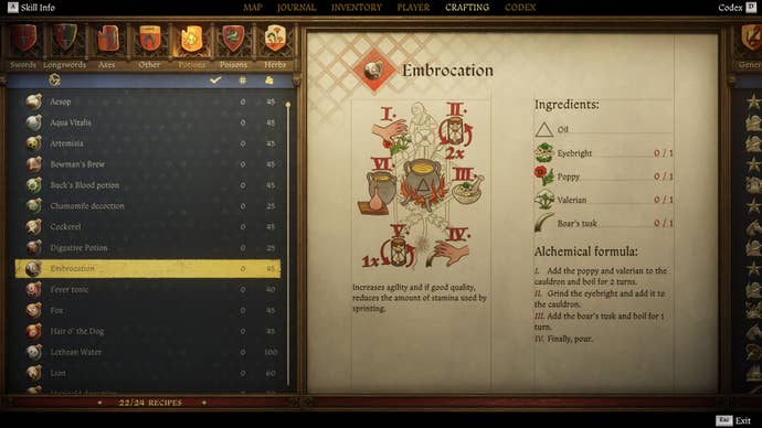 The crafting screen in Kingdom Come: Deliverance 2, with instructions and an illustration of the Embrocation Potion recipe.