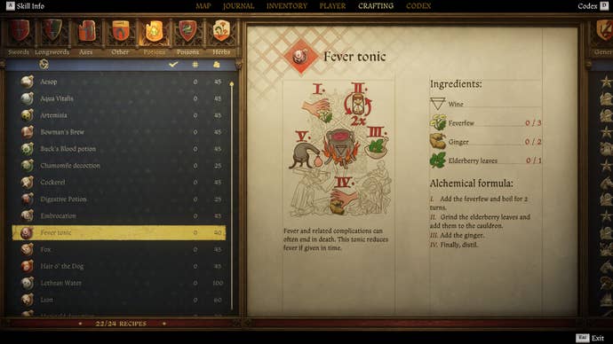 The crafting screen in Kingdom Come: Deliverance 2, with instructions and an illustration of the Fever Tonic Potion recipe.