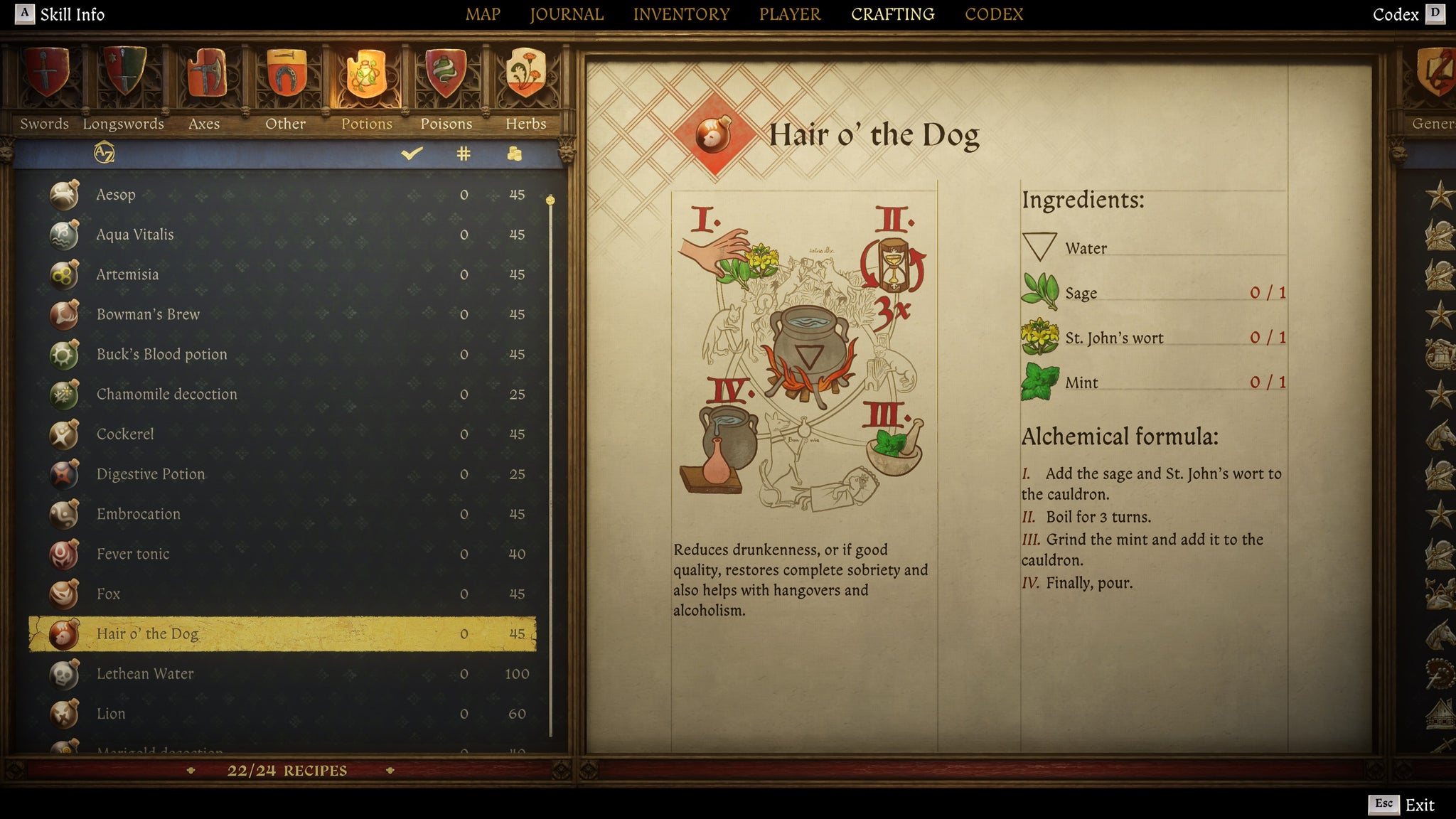 The crafting screen in Kingdom Come: Deliverance 2, with instructions and an illustration of the Hair O' The Dog Potion recipe. - 18