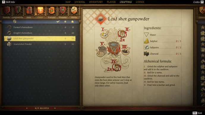 The crafting screen in Kingdom Come: Deliverance 2, with instructions and an illustration of the Lead Shot Gunpowder recipe.