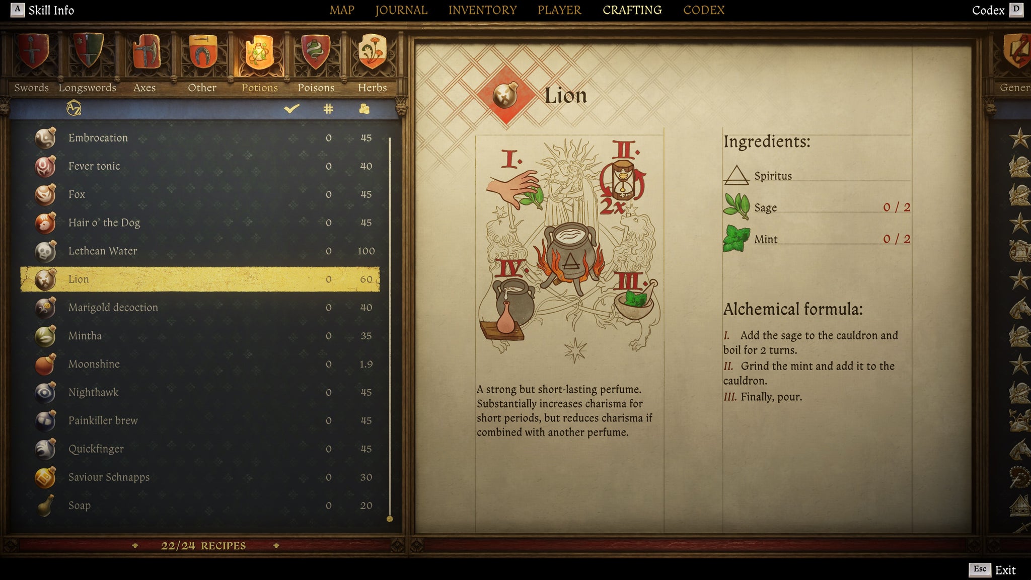 The crafting screen in Kingdom Come: Deliverance 2, with instructions and an illustration of the Lion Perfume recipe. - 20